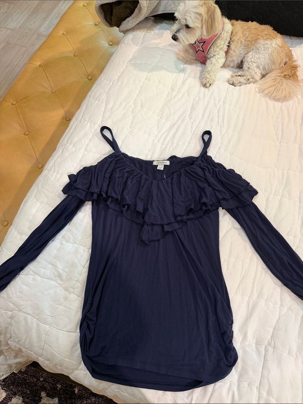 Boston Proper Navy Ruffled Cold-Shoulder Top